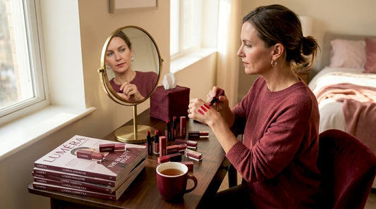 Woman testing lipstick shades at vanity