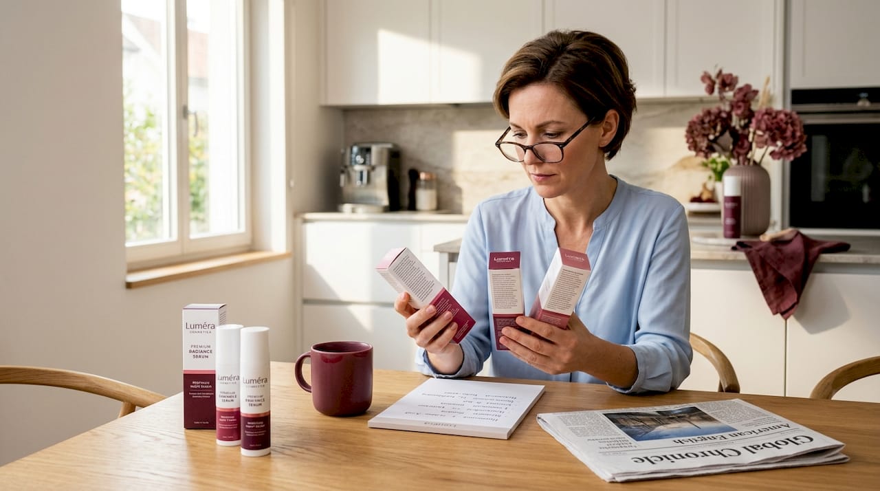 Woman reviews cosmetic safety guide at home