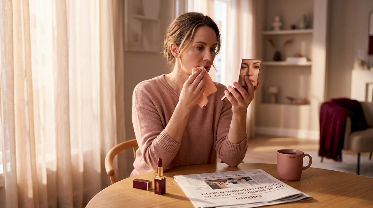 Woman gently blotting lipstick at dining table
