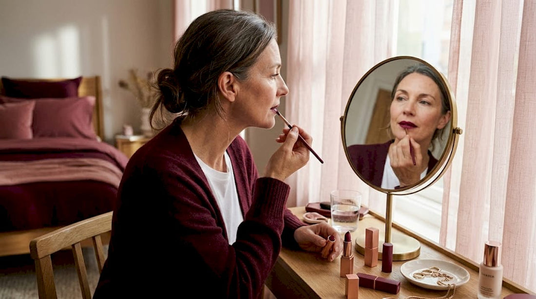 Woman over 40 applying bold berry lipstick