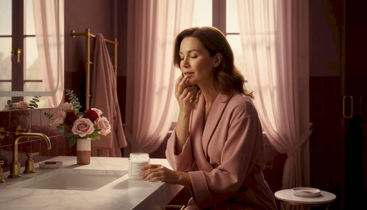 Woman applying coconut oil to lips at vanity