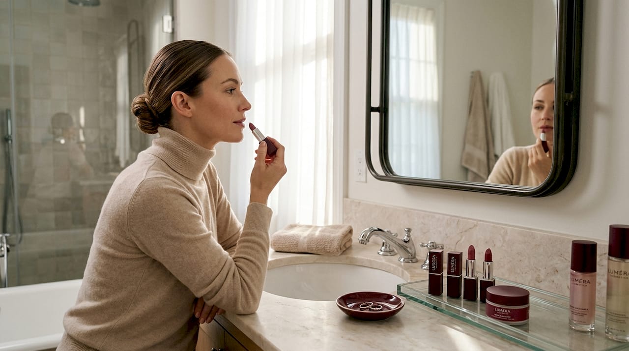 Woman applies peptide-infused lipstick at vanity