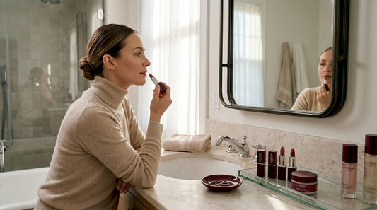 Woman applies peptide-infused lipstick at vanity