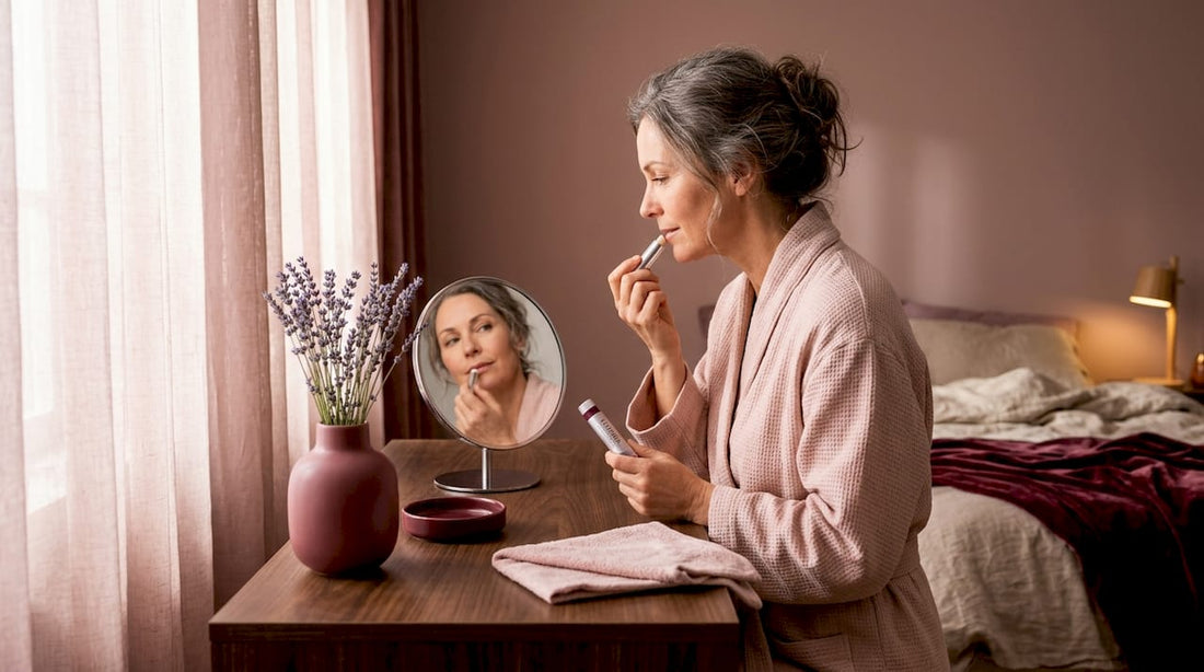 Woman applies lip balm in morning bathroom