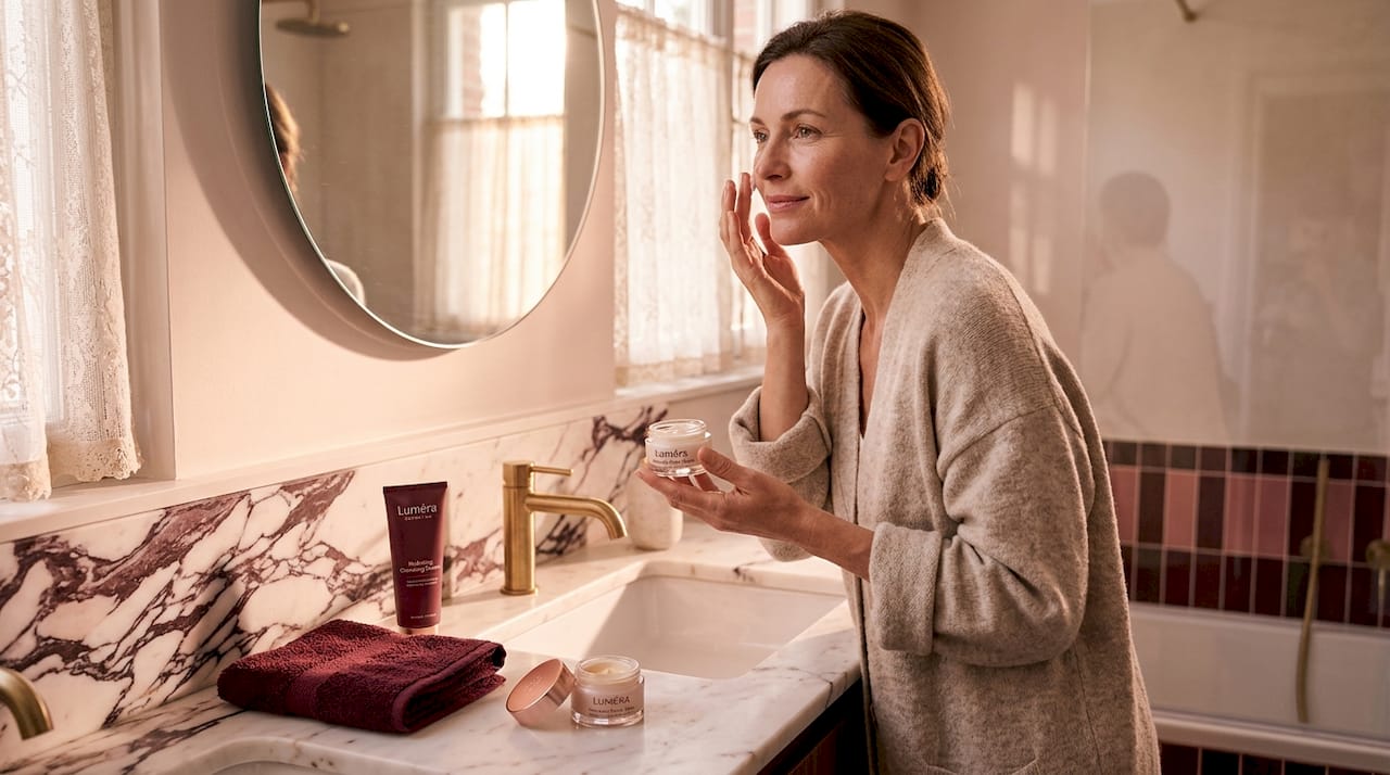 Woman applying beauty balm in morning