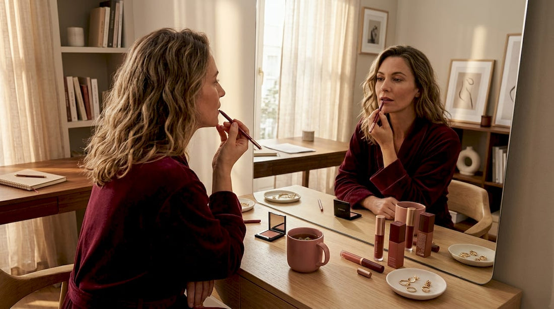 Woman in her 40s uses lip liner in bright bedroom