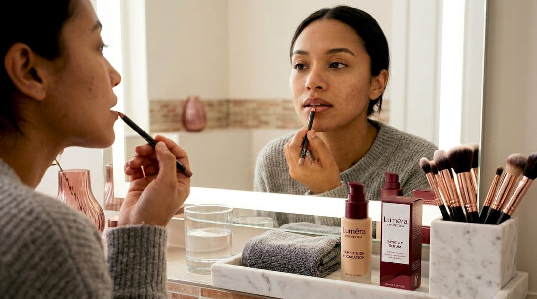 Woman applying nude MAC lip liner in bathroom mirror