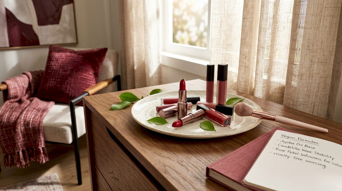 Variety of vegan lipsticks on vanity table