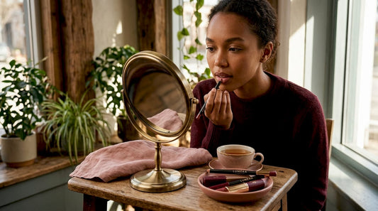 Woman applying lip liner at vanity mirror