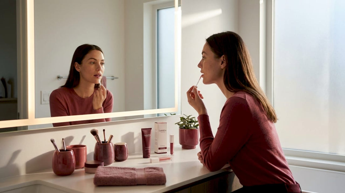Woman applying lip plumper at vanity