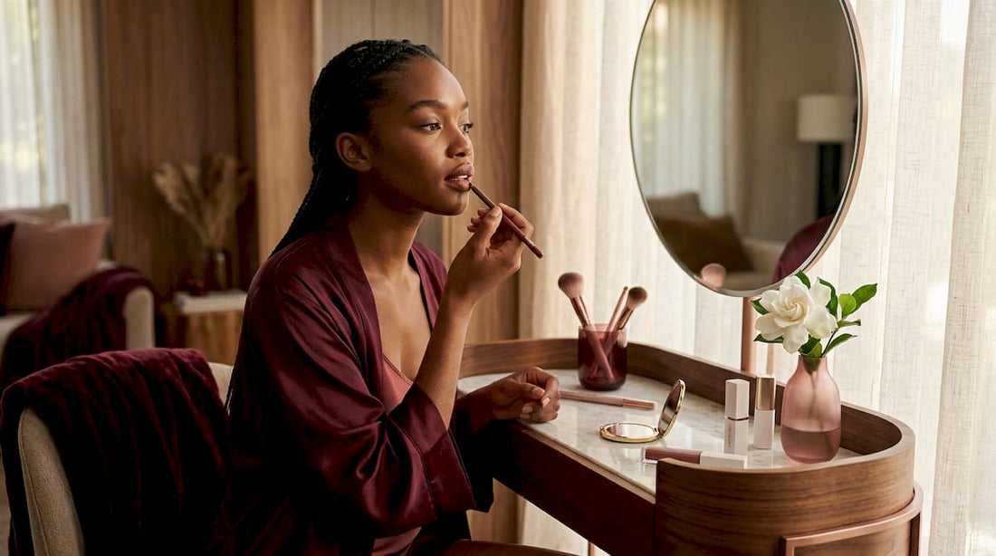 Dark-skinned woman applying brown lip liner
