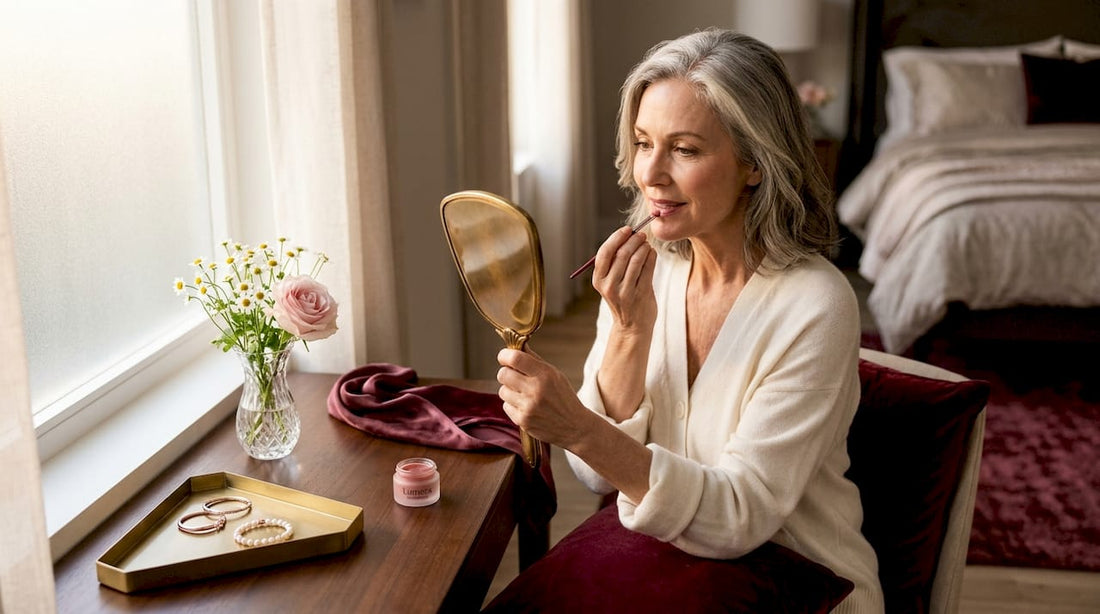 Mature woman applying tinted lip balm carefully