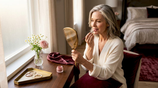 Mature woman applying tinted lip balm carefully