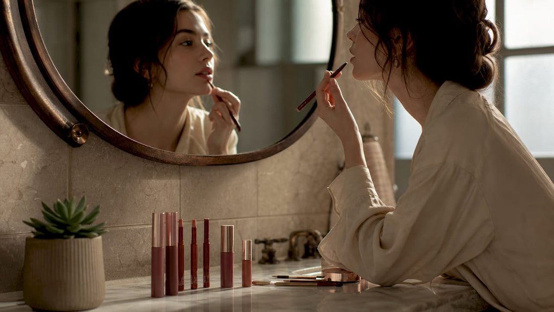 Woman applying brown lip liner in bedroom