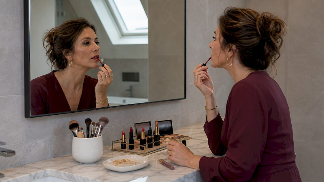 Woman applying red lipstick at vanity