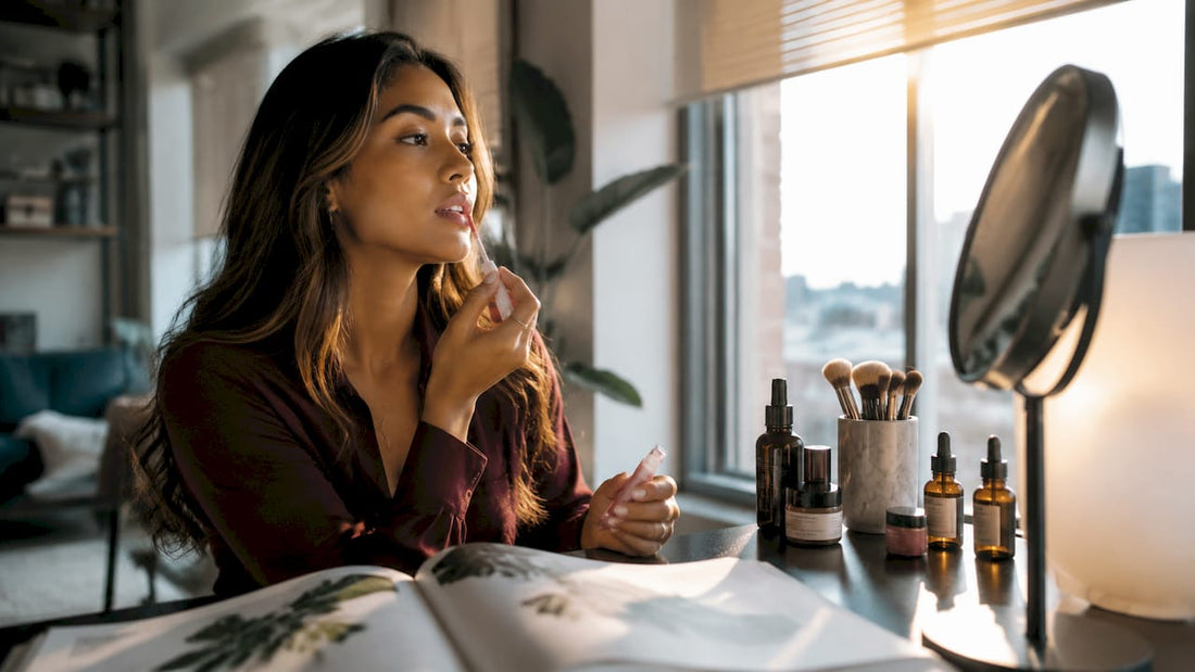 Woman applying natural plumping lip gloss