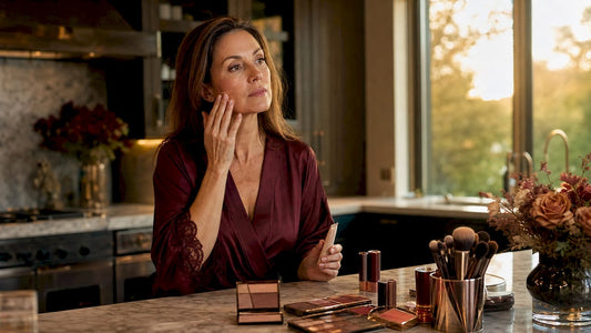 Mature woman applying festive makeup at vanity