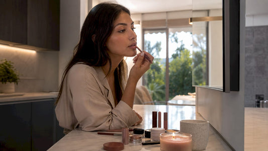 Woman applying dusty pink lip liner at vanity
