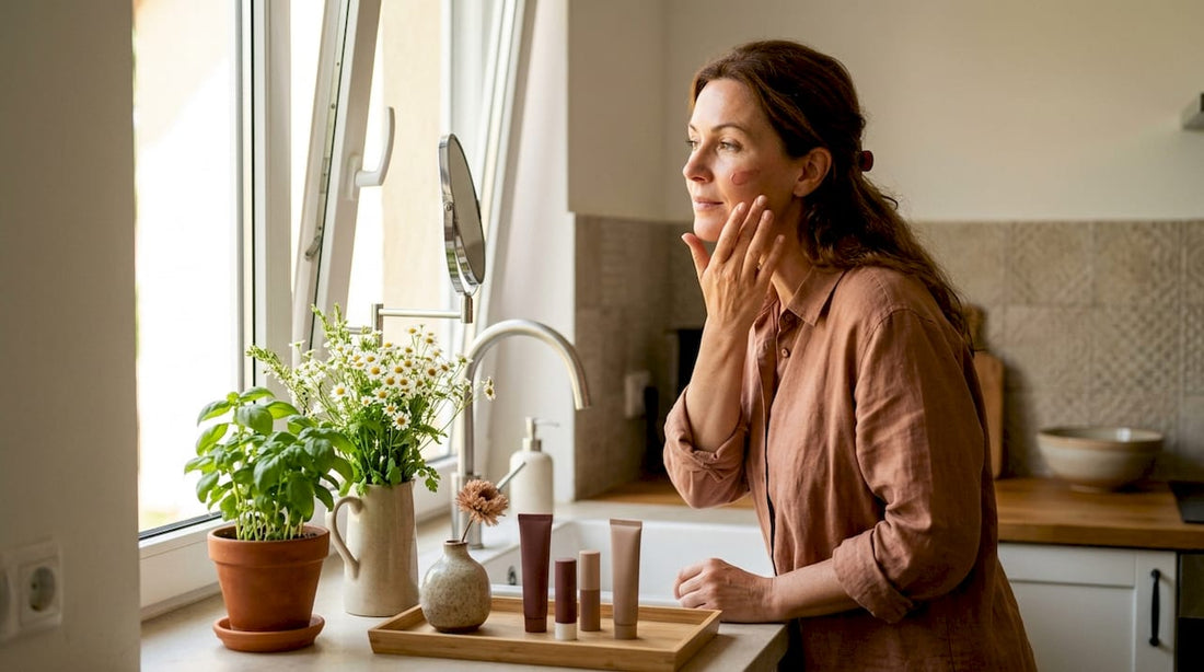 Woman applying cream blush in bedroom