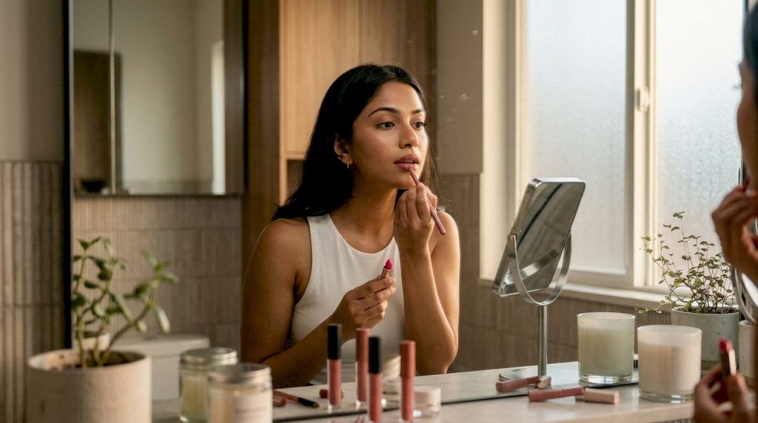 Woman applying lip liner to pink lipstick