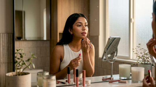Woman applying lip liner to pink lipstick