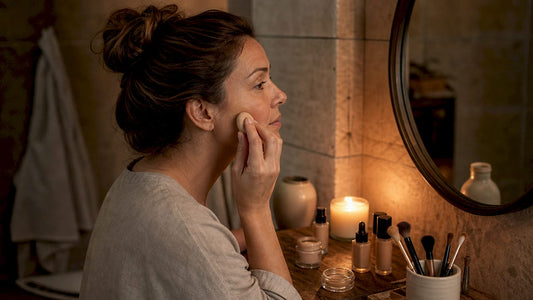 Mature woman applying foundation makeup