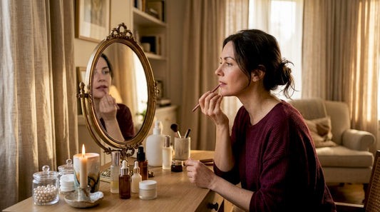 Mature woman applying lip liner at vanity