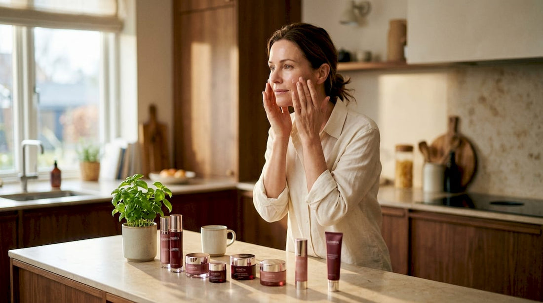 Woman applying moisturizer in bathroom