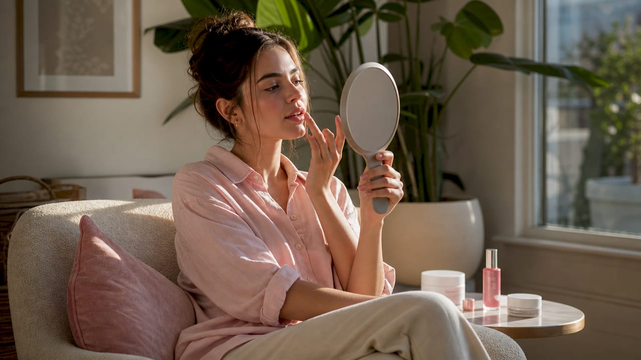 Woman applying lip balm in bedroom