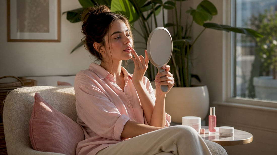 Woman applying lip balm in bedroom