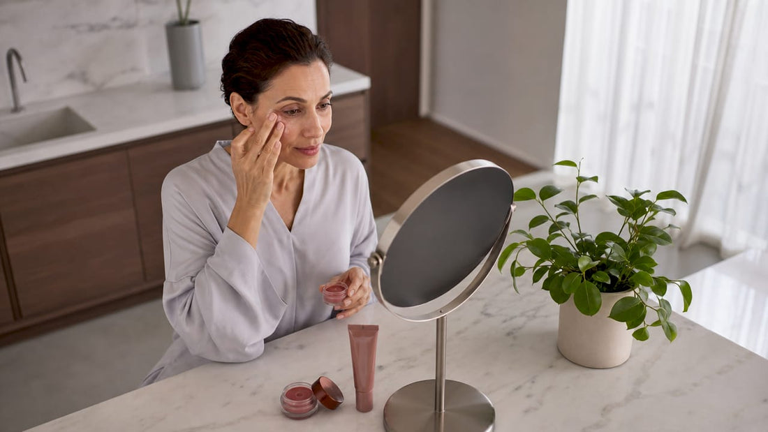 Mature woman applying quick makeup at vanity