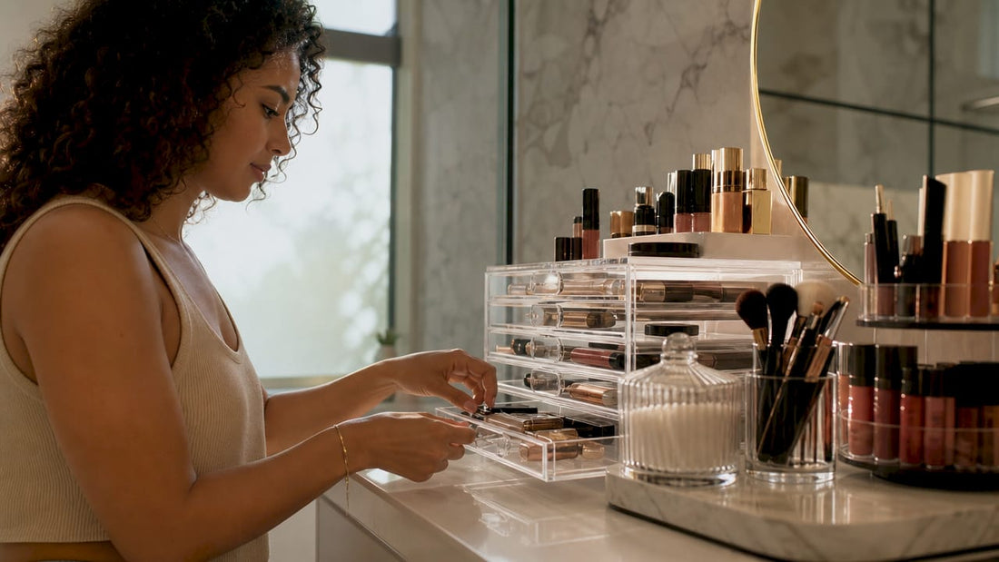 Woman organizing clear acrylic makeup drawers