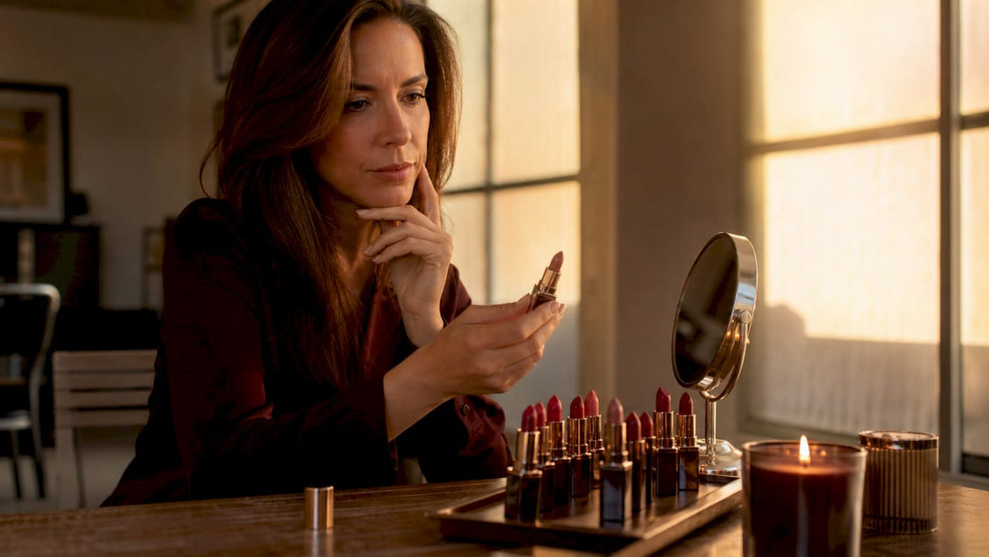 Mature woman choosing lipstick at vanity