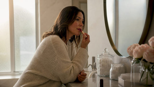 Mature woman applying lipstick at vanity