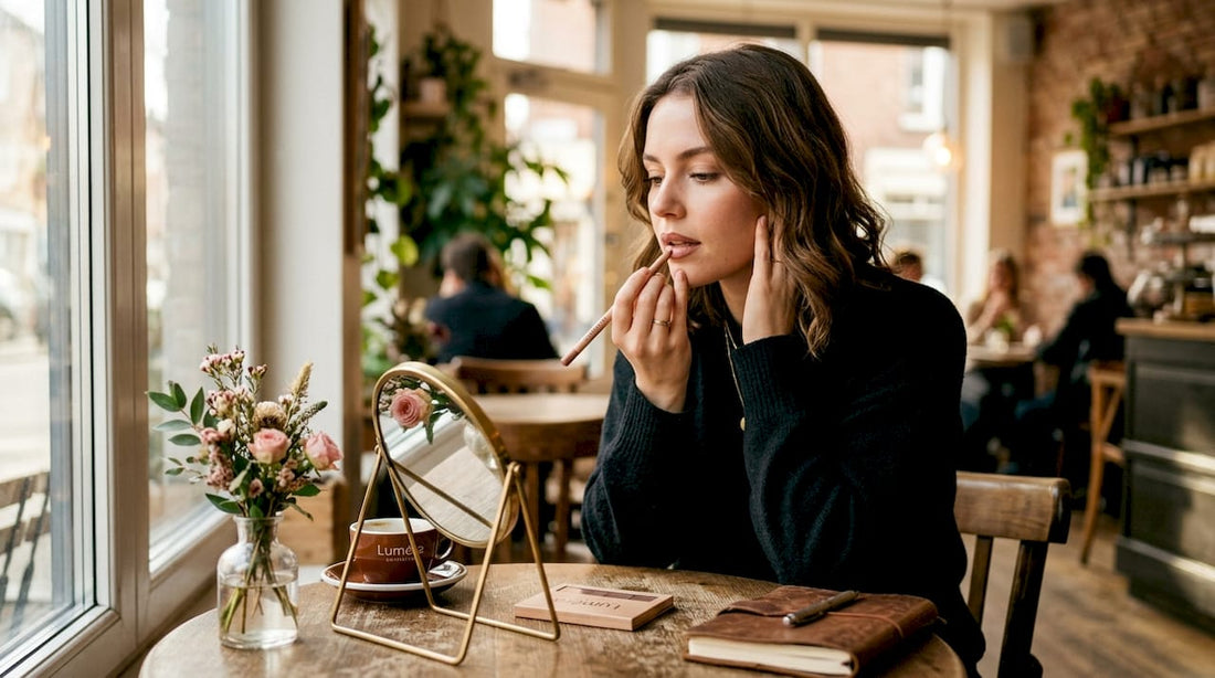 Woman applying lip liner on thin lips close-up