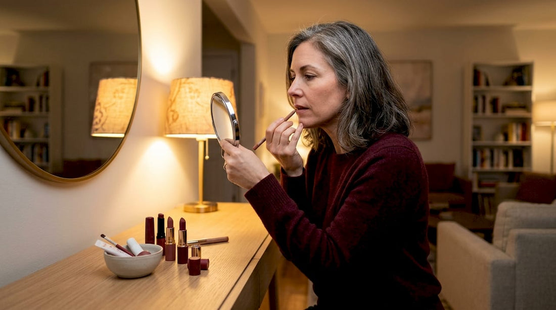 Woman applying lip liner at vanity