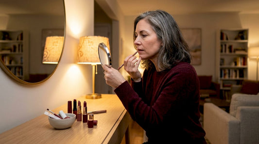 Woman applying lip liner at vanity