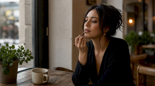 Woman applying brown lip liner at vanity