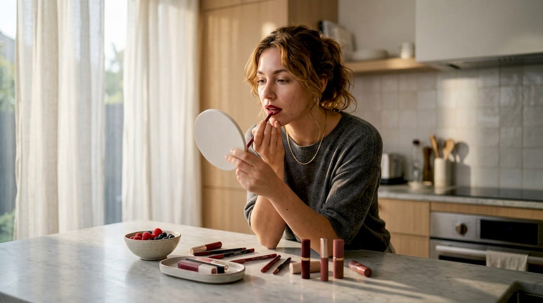 Woman applying red lipstick with lip liner