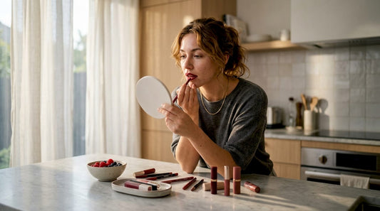 Woman applying red lipstick with lip liner