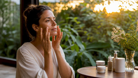 Mature woman applying skincare in bathroom