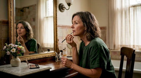 Woman applying concealer around lips at vanity