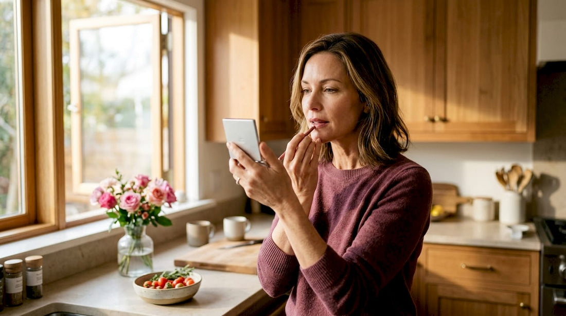 Mature woman applying rose lipliner at home vanity