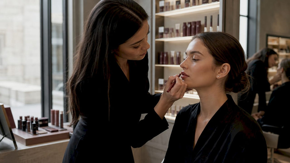 Makeup artist applying lip liner on lips