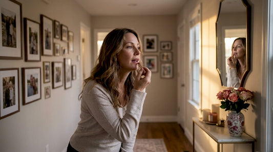 Mature woman applying lipstick in bedroom