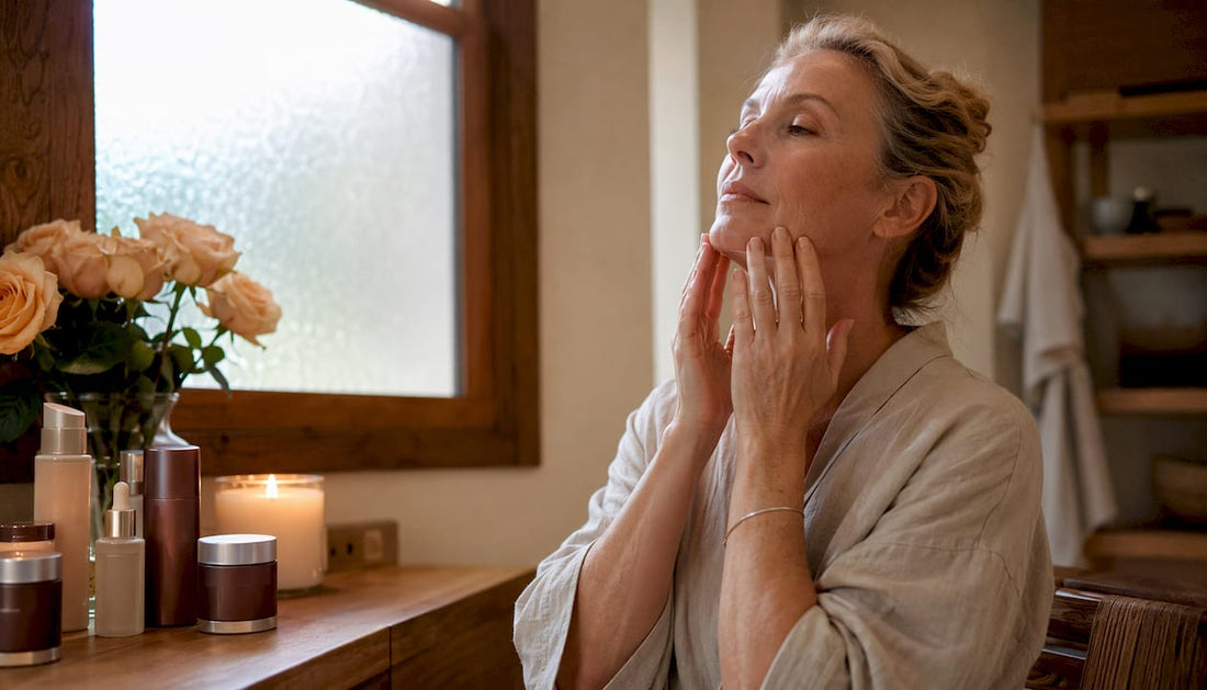Mature woman applying moisturizer in bathroom