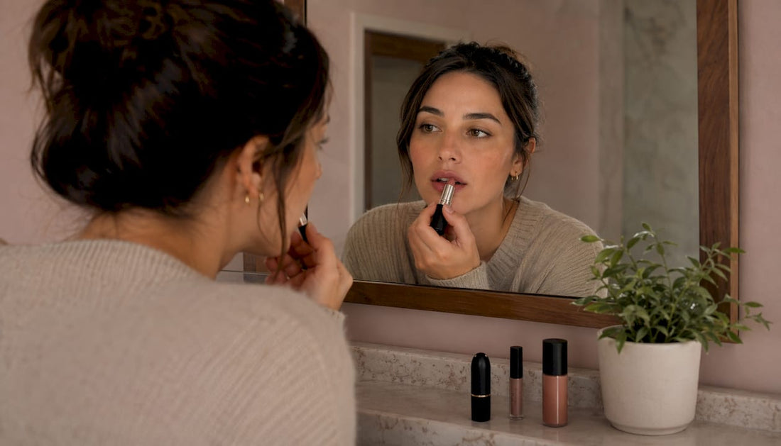 Woman applying Pretty Please lipstick at vanity