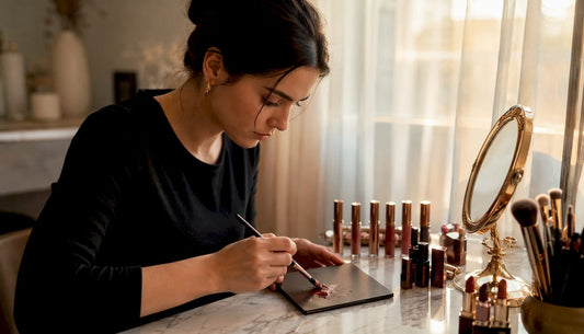 Hands blending lip colors on palette