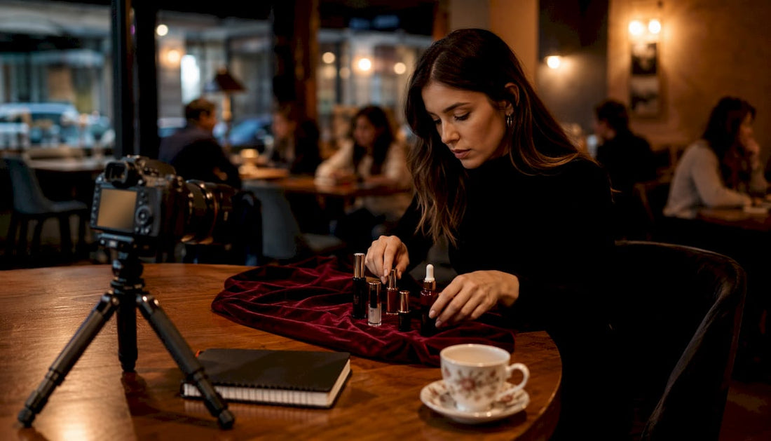 Beauty editor arranging skincare and makeup products