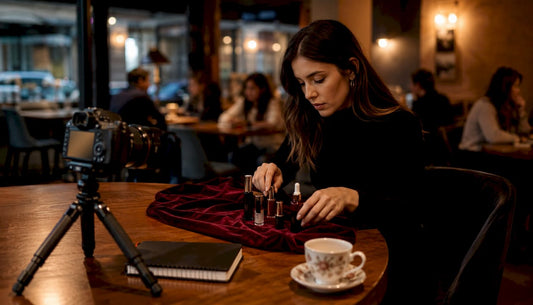Beauty editor arranging skincare and makeup products